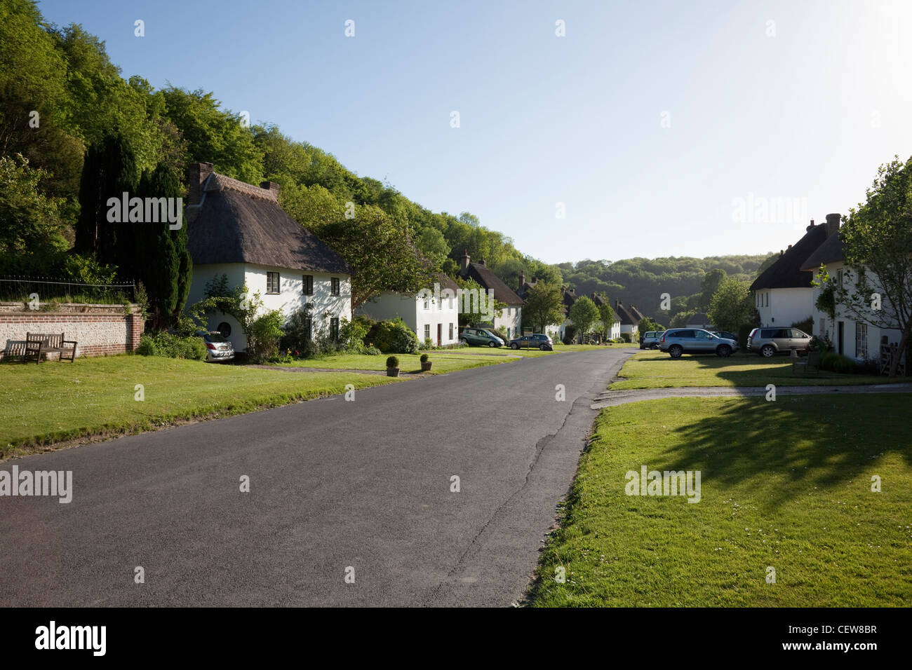 The Street with Thatched Cottages, Milton Abbas, Dorset, England Stock Photo