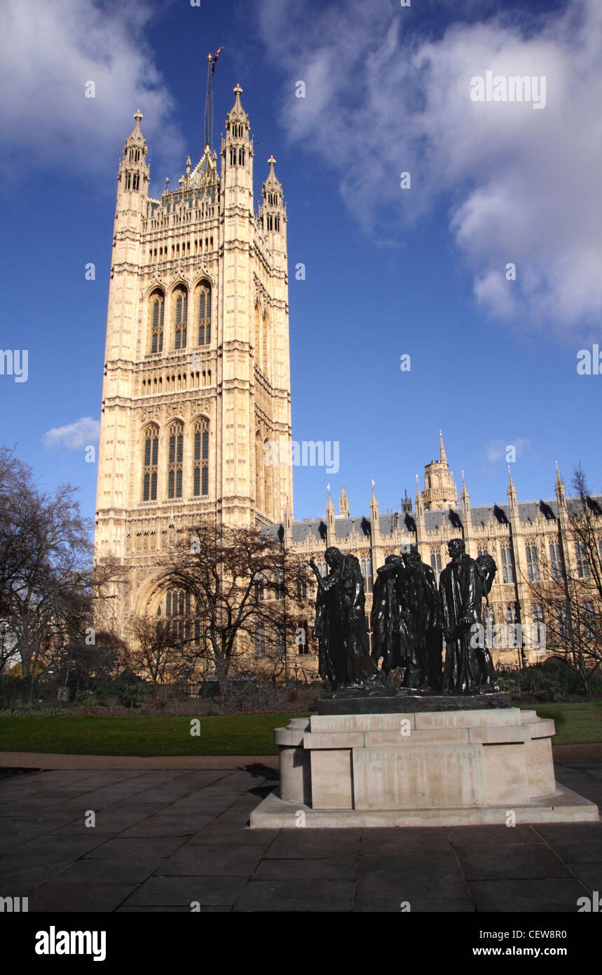 Victoria Tower and Burghers of Calais statue Westminster London Stock Photo