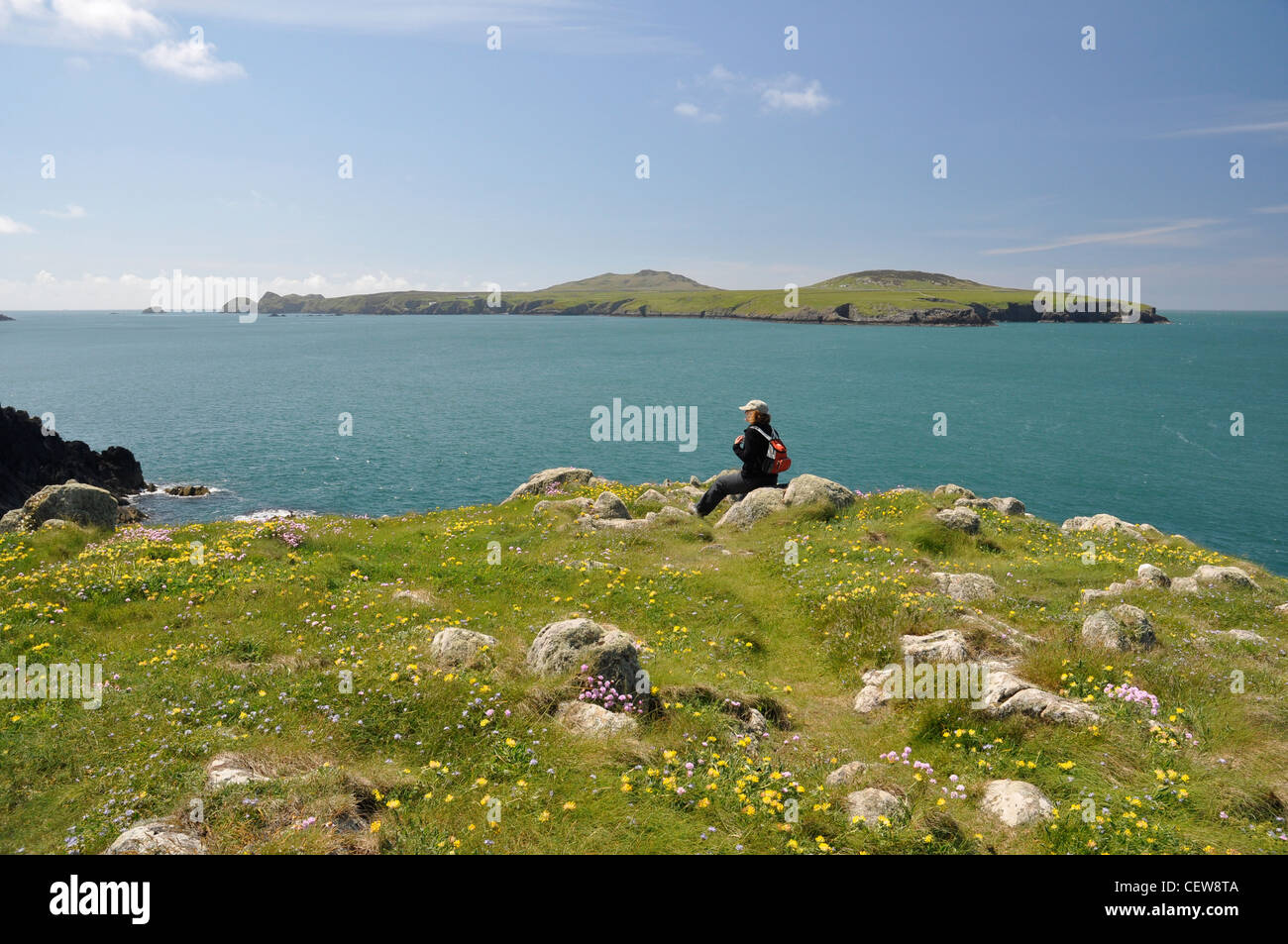 Ramsey Island from Point St John with seated figure, Pembrokeshire, Wales, UK Stock Photo