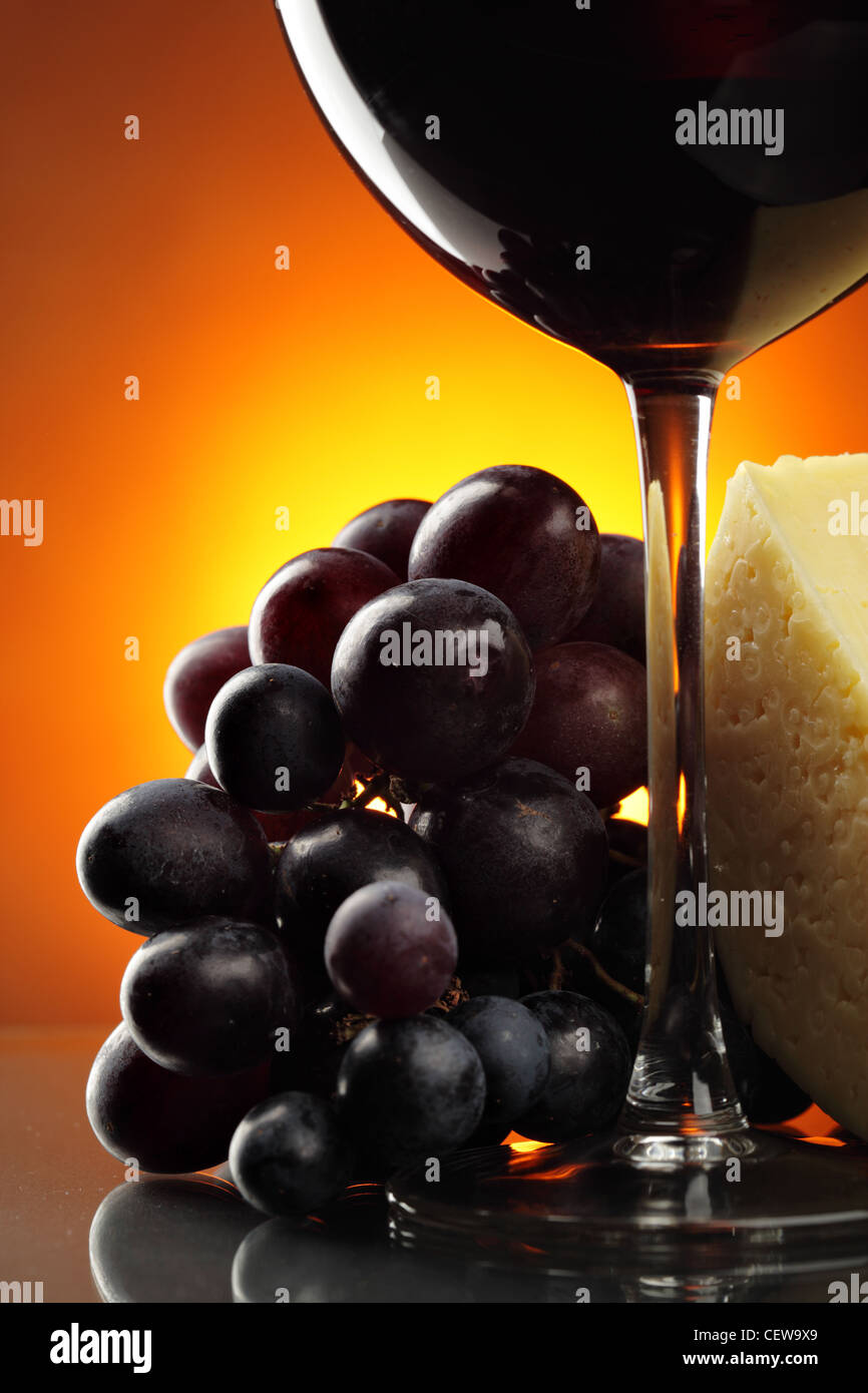 Still-life with grapes, cheese and red wine Stock Photo - Alamy