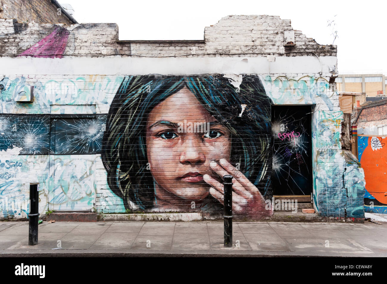 Graffiti art on Hanbury Street off Brick Lane, East End, London, England, UK Stock Photo