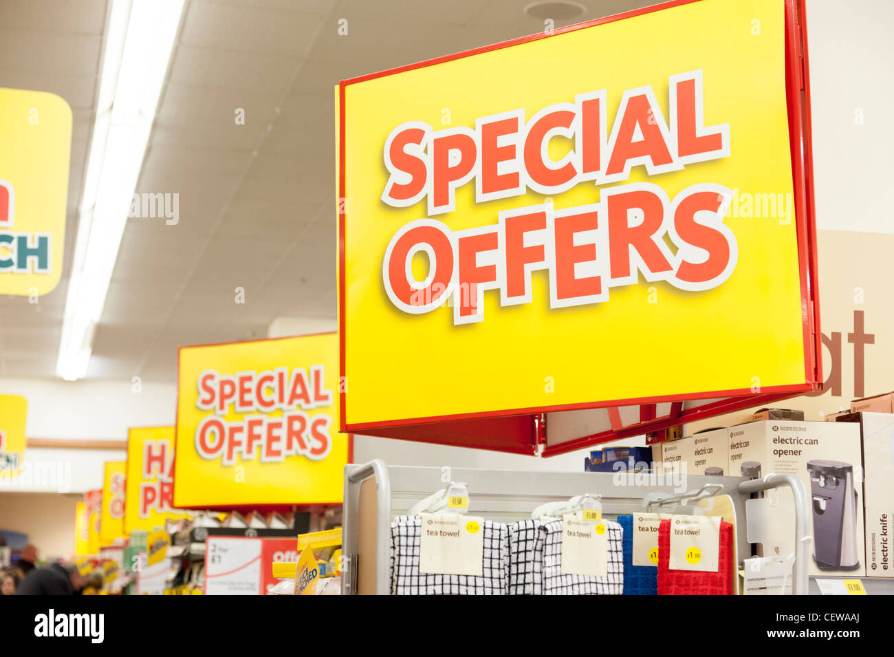Special offers signs in Morrisons supermarket, England, UK Stock Photo