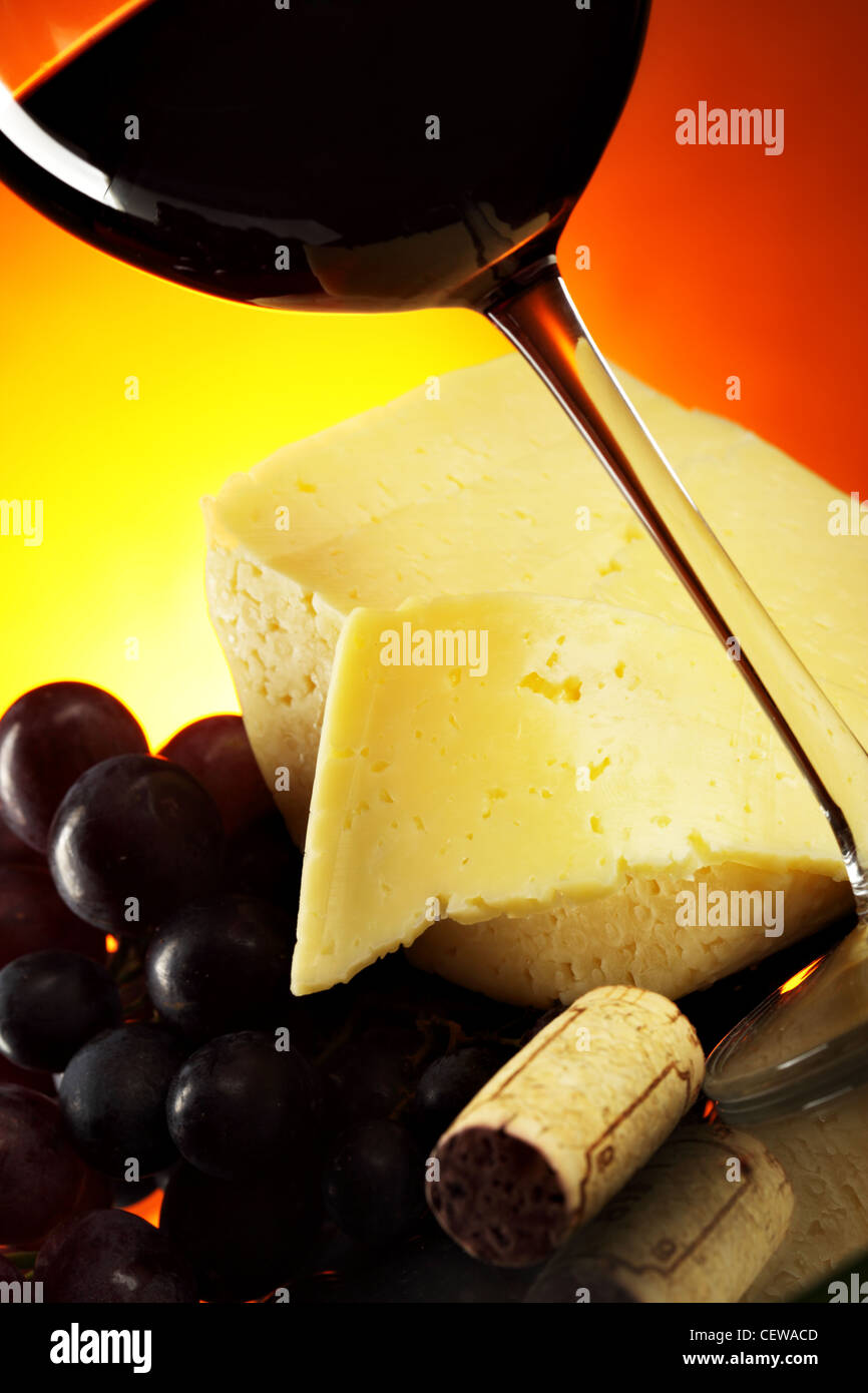 Still-life with grapes, cheese and red wine Stock Photo - Alamy