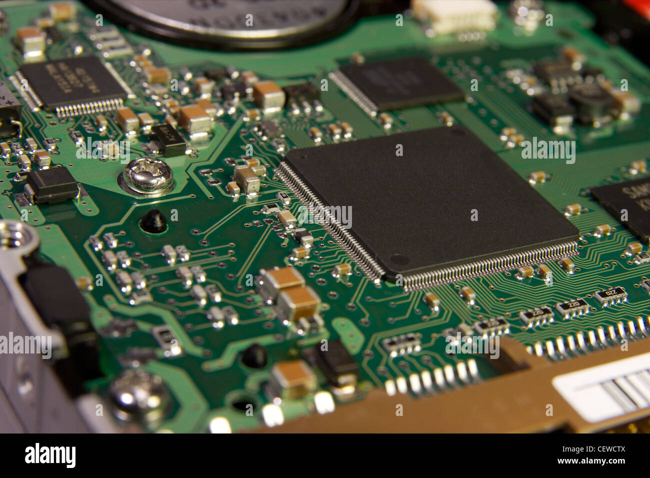 Printed Circuit Board with many electrical components Stock Photo