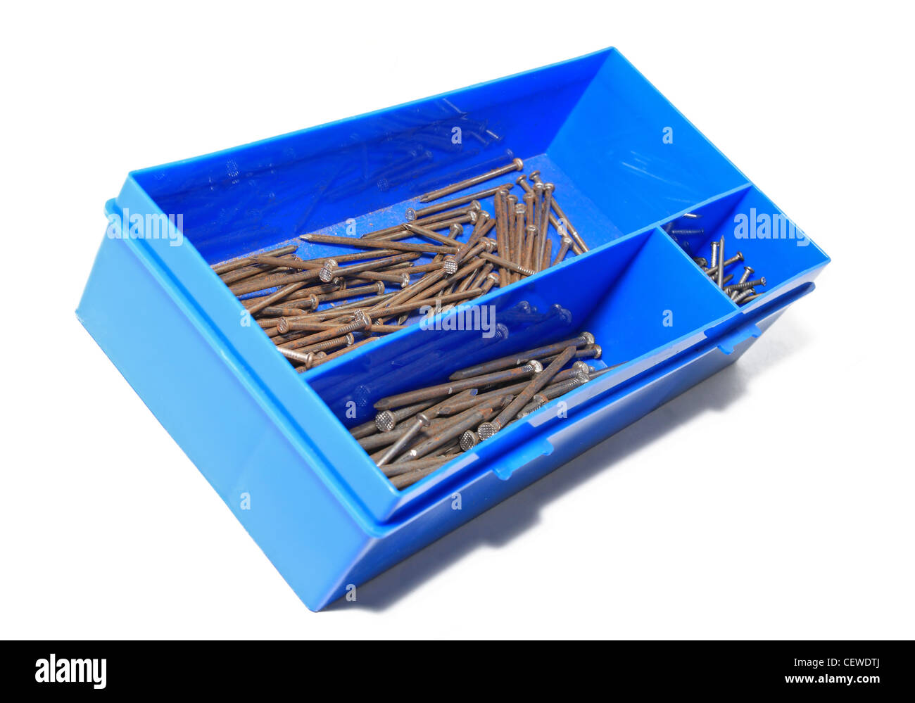 nail in blue plastic box Stock Photo