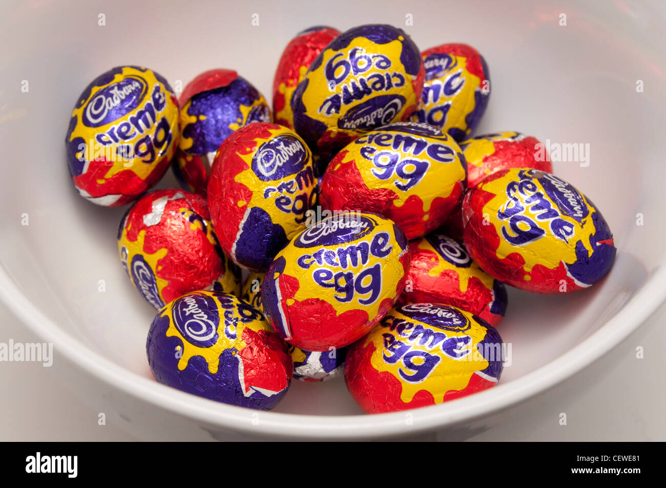 Bowl of Cadbury creme egg minis Stock Photo