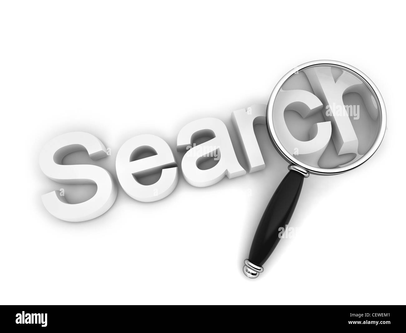3D Text Illustration Featuring the Word Search with Magnifying glass Stock Photo