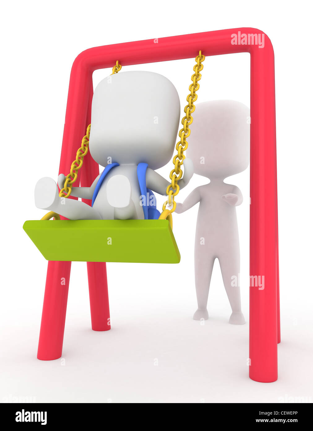 3D Illustration of a Kid Being Pushed on a Swing Stock Photo