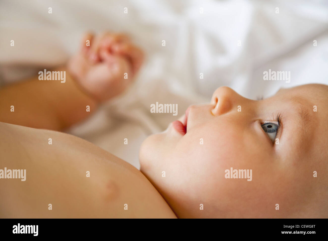Baby lying on back, looking up Stock Photo