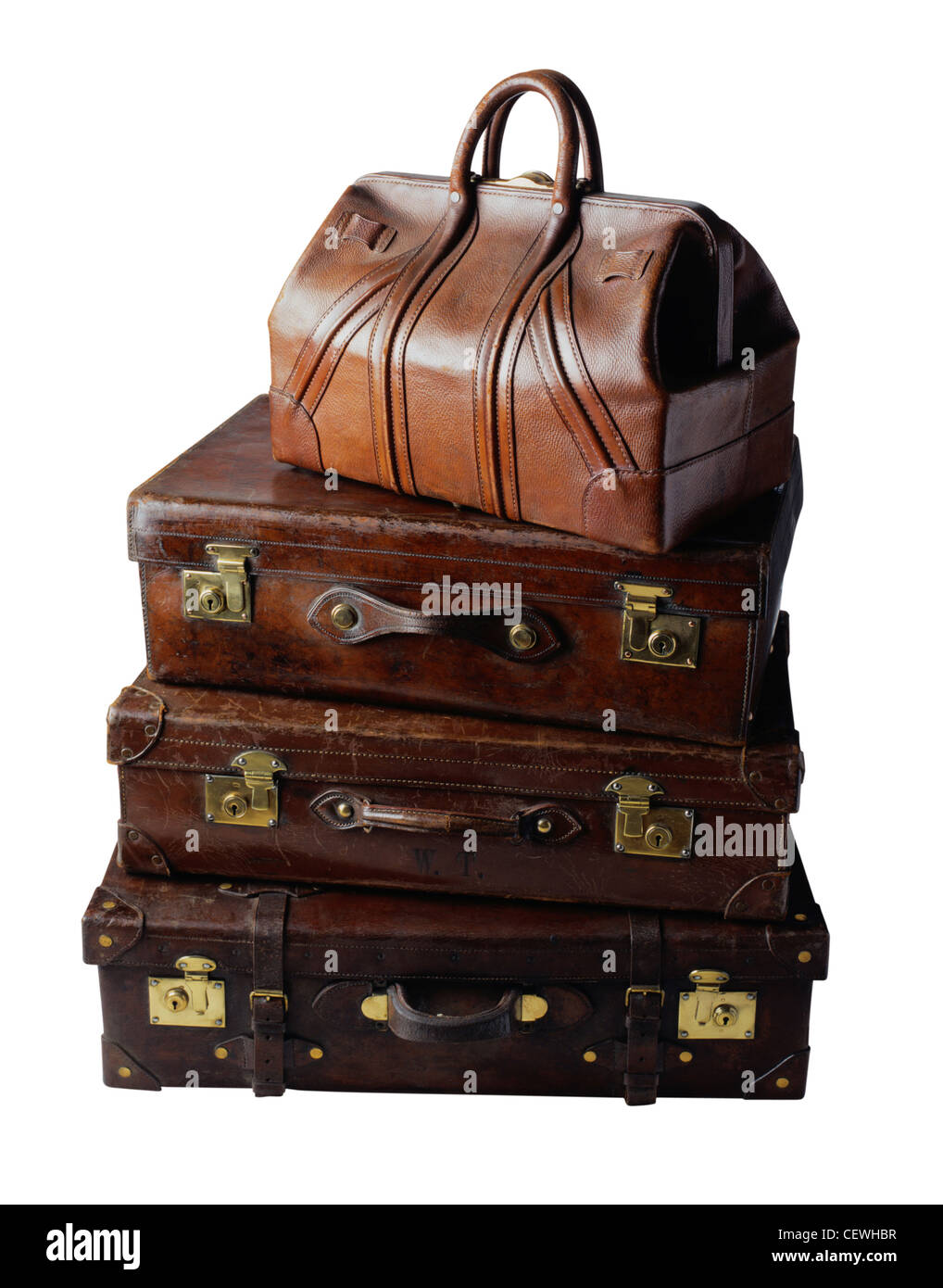 Vintage leather suitcases, isolated on white background. Stock Photo