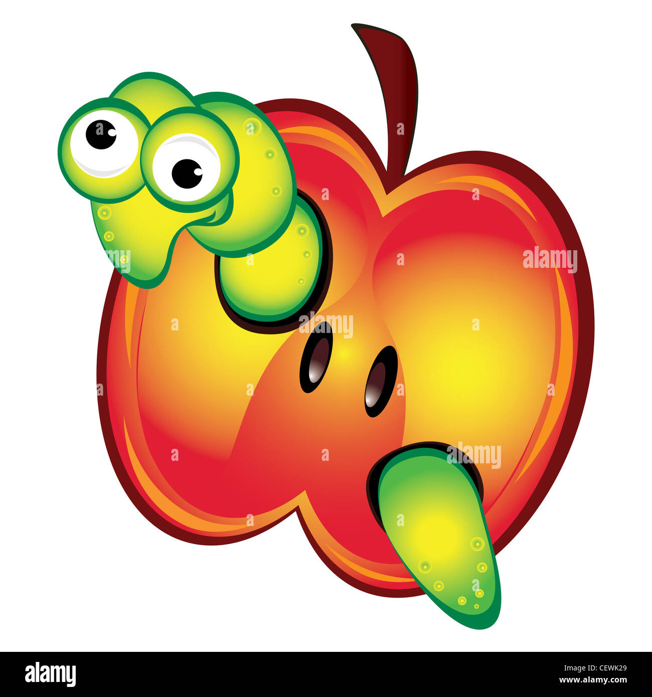 Cartoon illustration of a worm peeking out of an apple Stock Photo