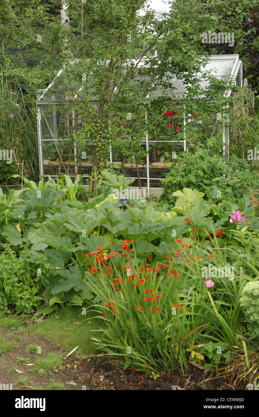 All Seasons Garden Glass green house with red Geranium flowers and vegetable patch with marrows Stock Photo