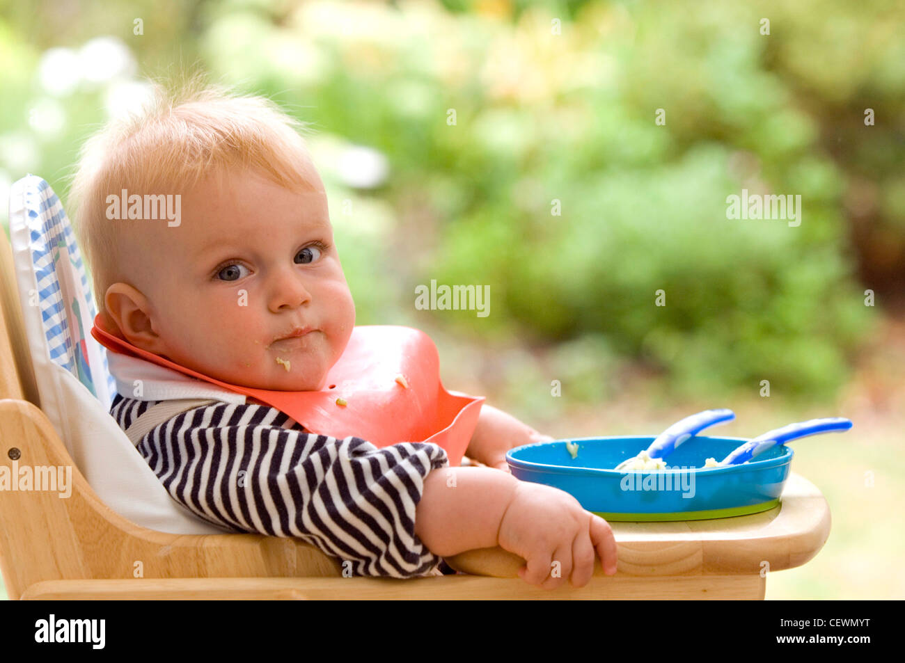 Blonde male child aged months wearing a black and white stripey top and an orange bib, sitting in a high chair a bowl of food Stock Photo