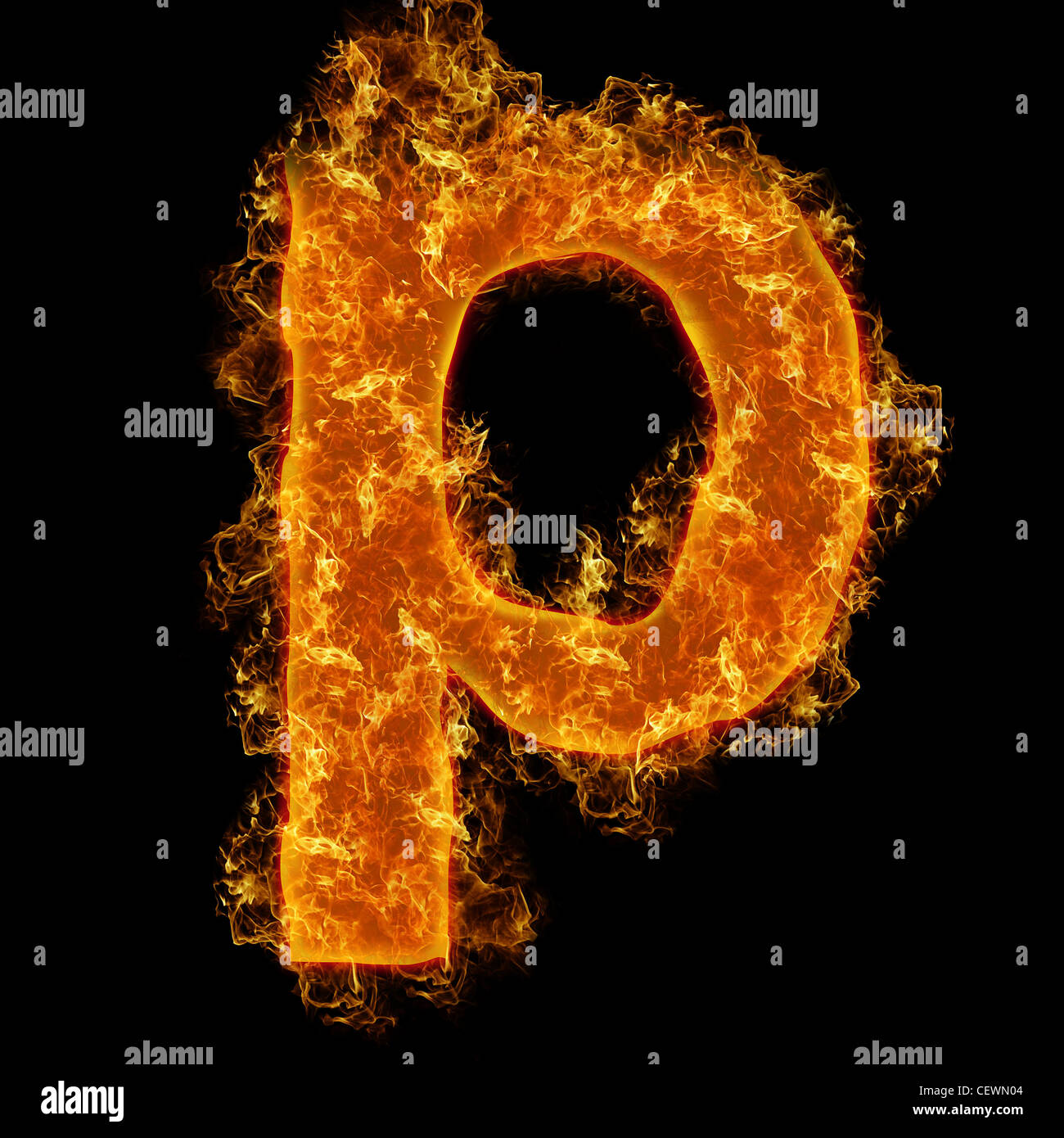 Fire small letter P on a black background Stock Photo