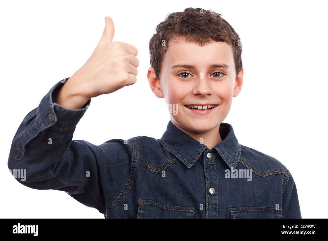 Cute kid making thumbs up sign isolated on white background Stock Photo ...