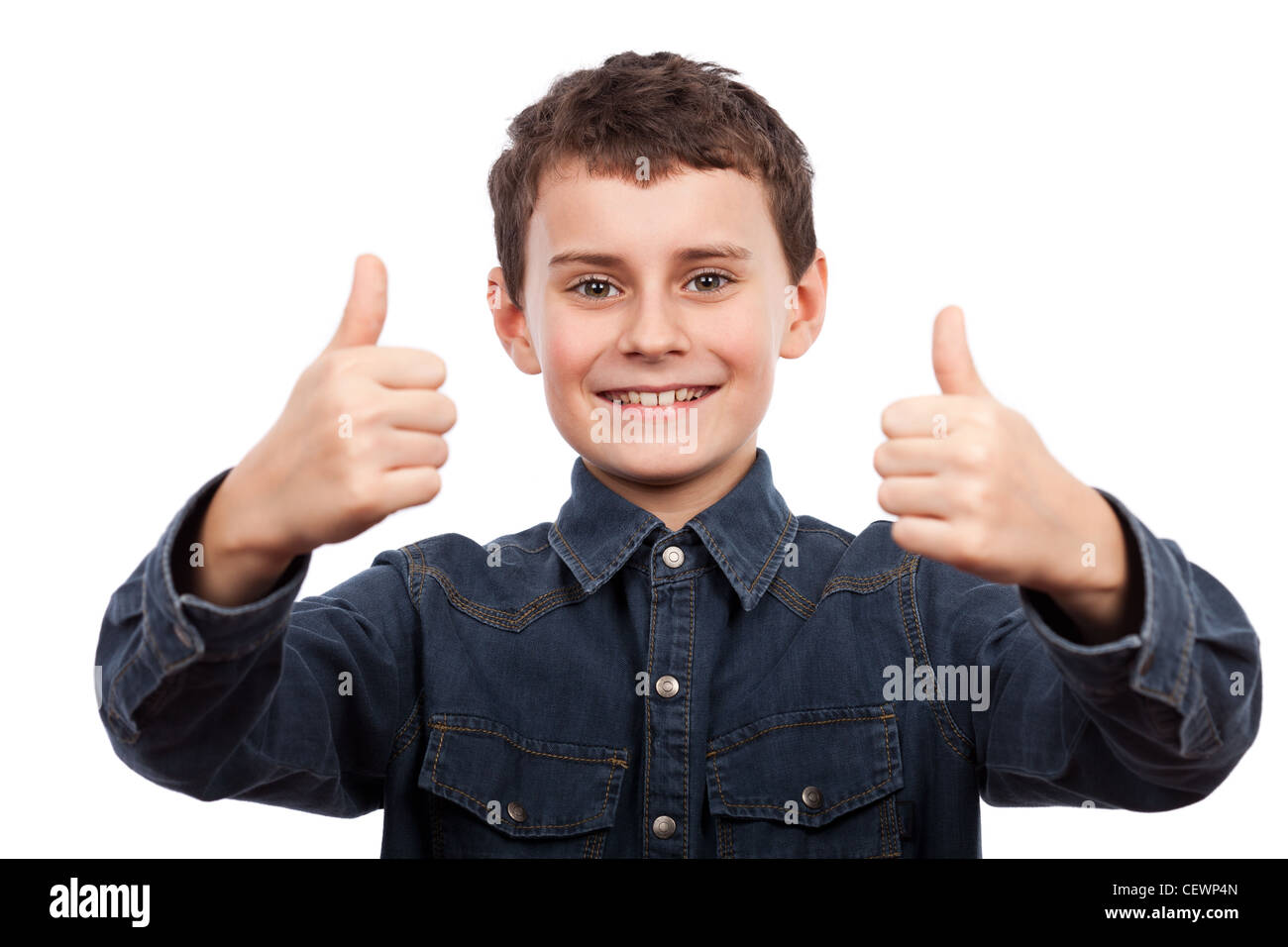 Cute kid making thumbs up sign isolated on white background Stock Photo ...