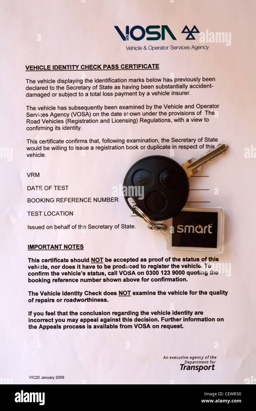 VOSA Vehicle identity check pass certificate with Smart car key Stock Photo