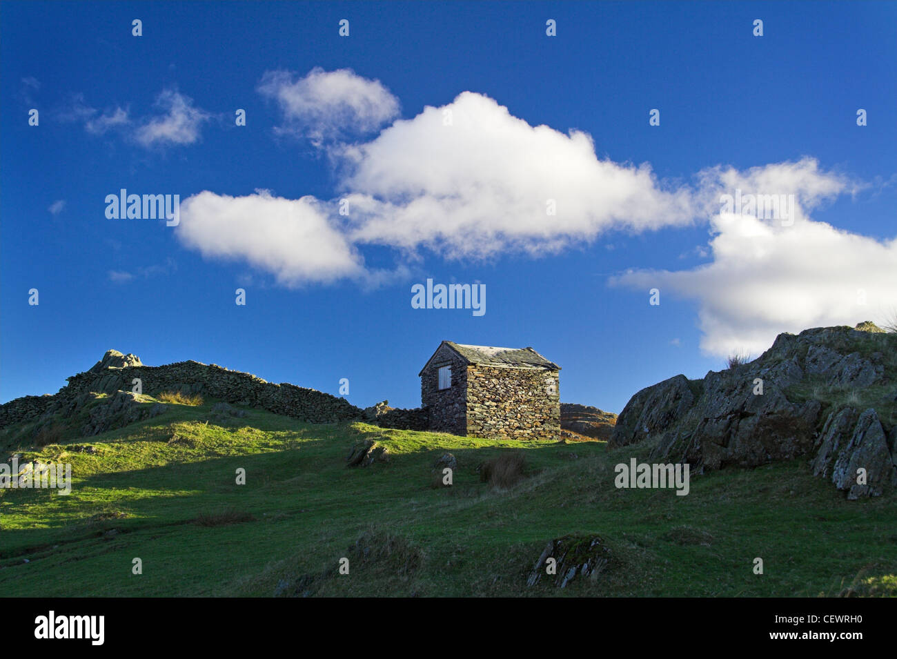 A small slate stone shed on the Cumbrian Fells. Stock Photo