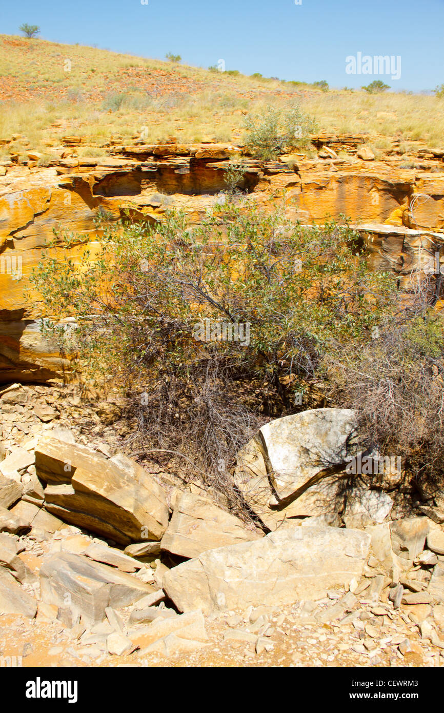 Godfrey's Tank, Australia, Outback, Canning Stock Route,  Breaden Hills (Southesk Tableland) Well 48. Waterfall mostly dry. Stock Photo
