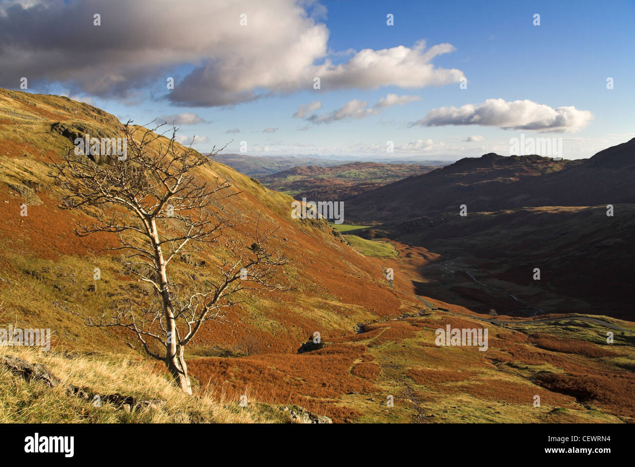 The view towards Little Langdale from above Wrynose Pass. Stock Photo