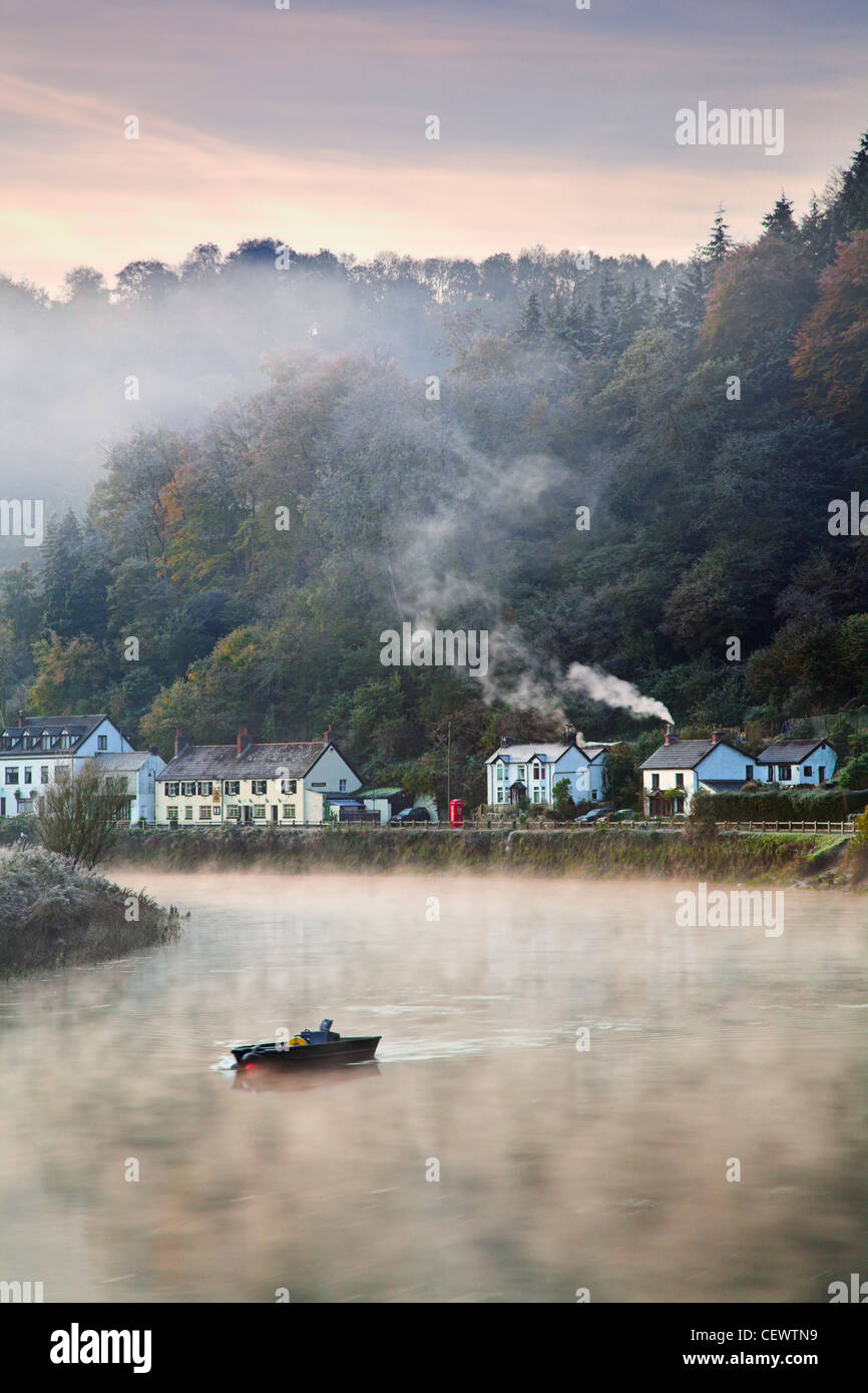 Tintern village at dawn. With a tidal range of twenty feet, Tintern has learnt to live with tidal flooding, yet the inspiring re Stock Photo