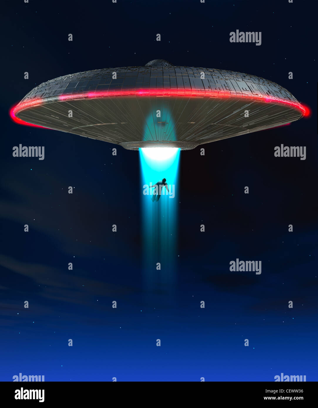 A UFO that is abducting a human Stock Photo