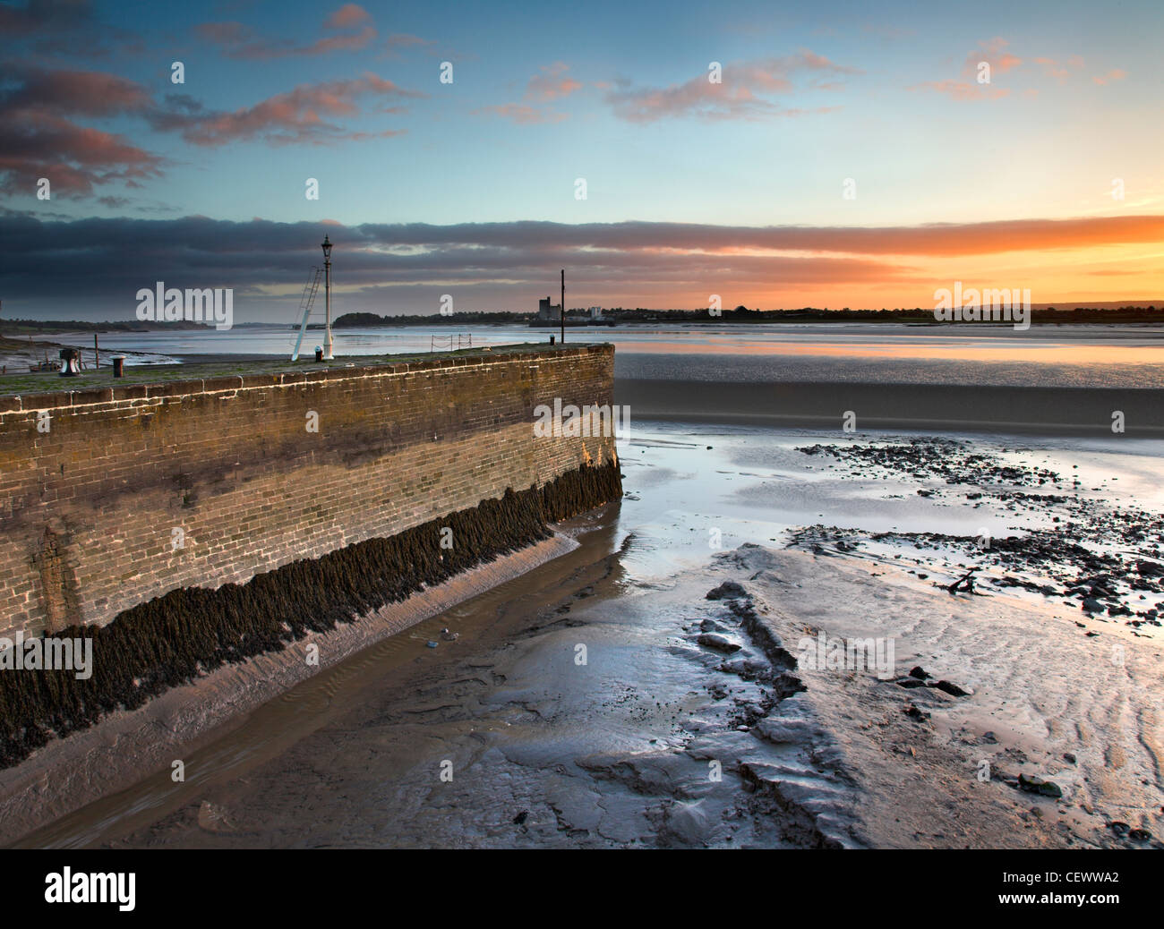 The north mole of Lydney Dock stretching out into the River Severn. The canal and lock basins were built by the Severn and Wye R Stock Photo