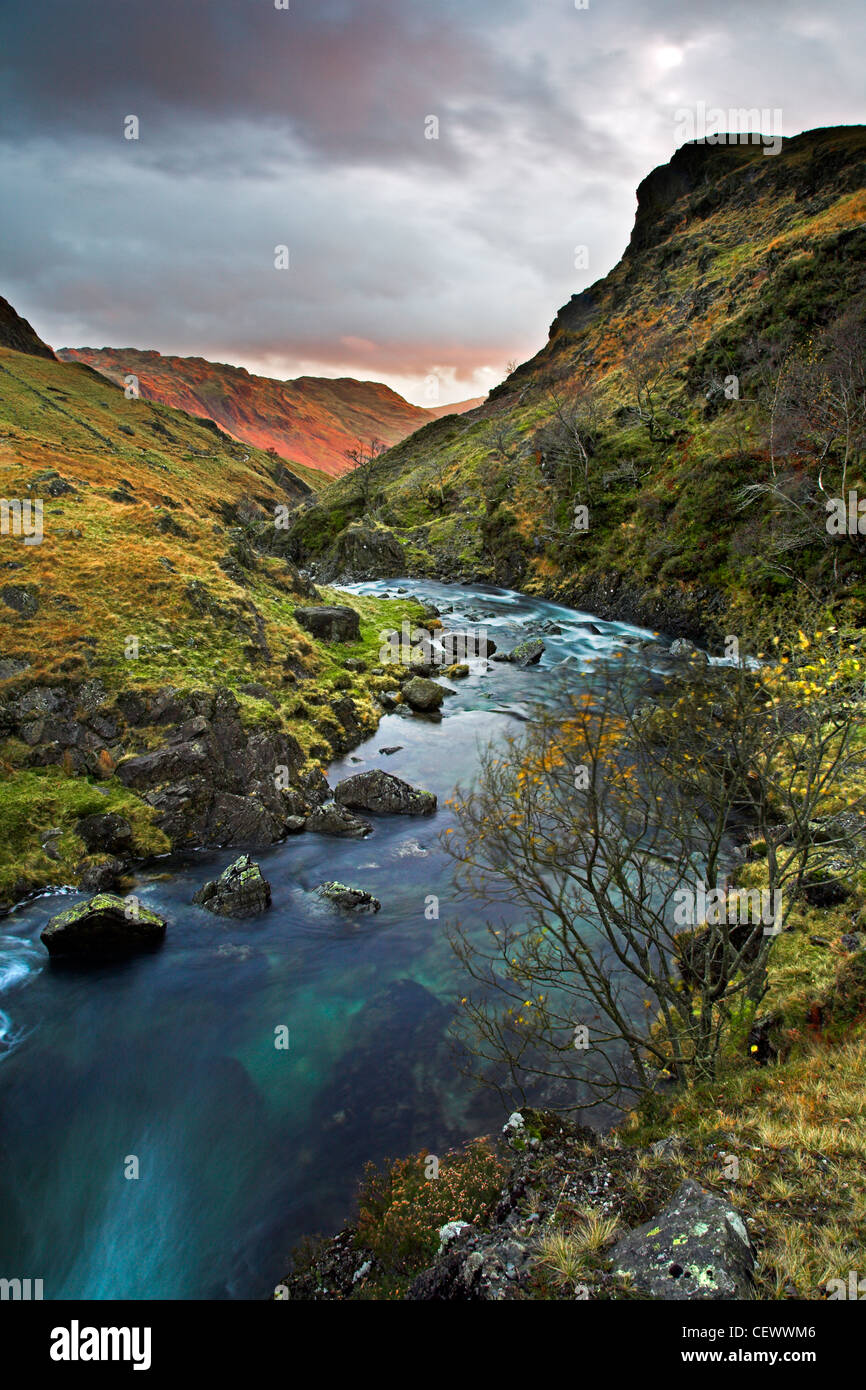 A view of the gorges at Throstle Garth. The River Esk begins in Great Moss below Scafell Pike in the English Lake District and f Stock Photo