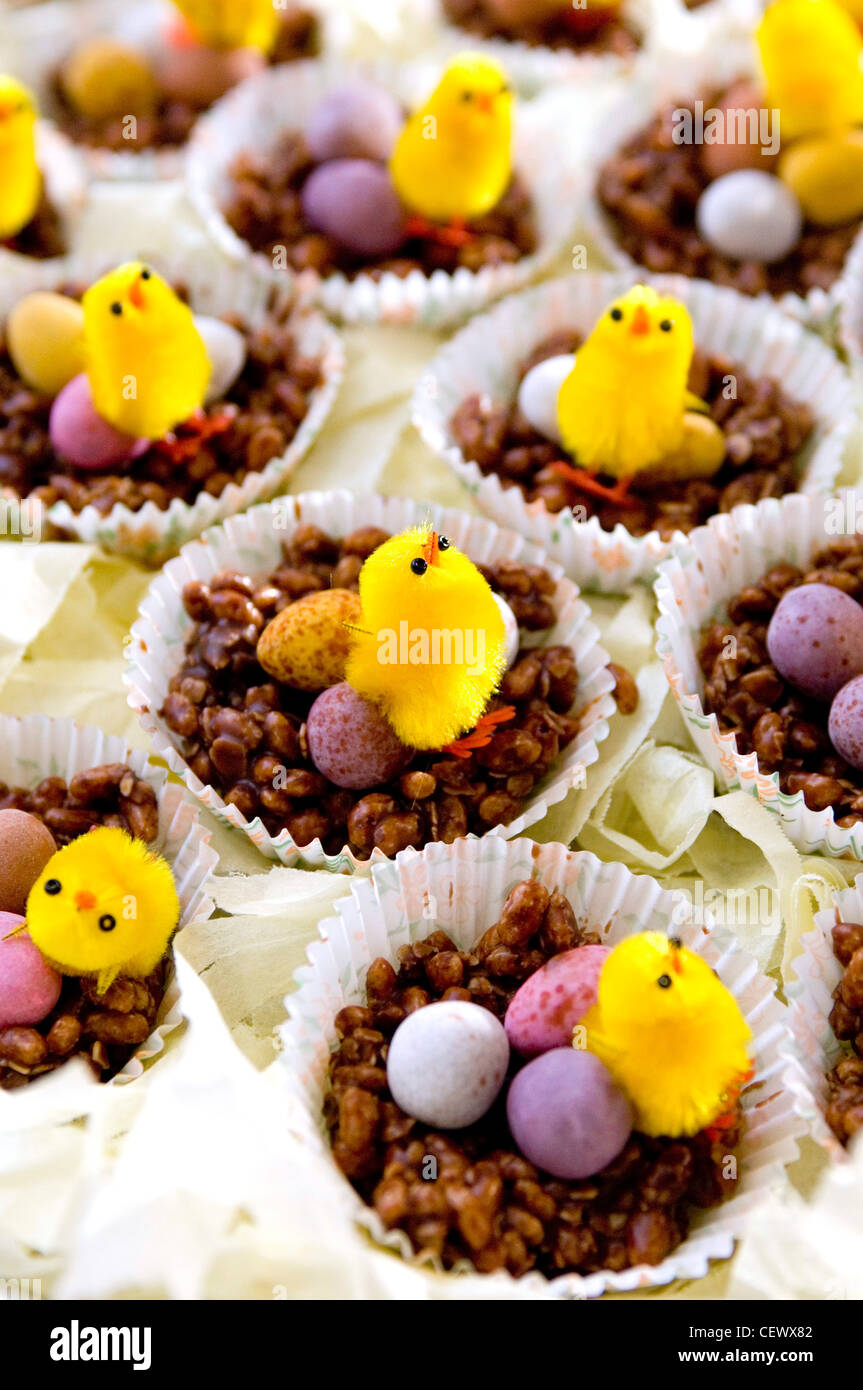 Close up of Easter nest rice crispy cakes with Easter chicks and