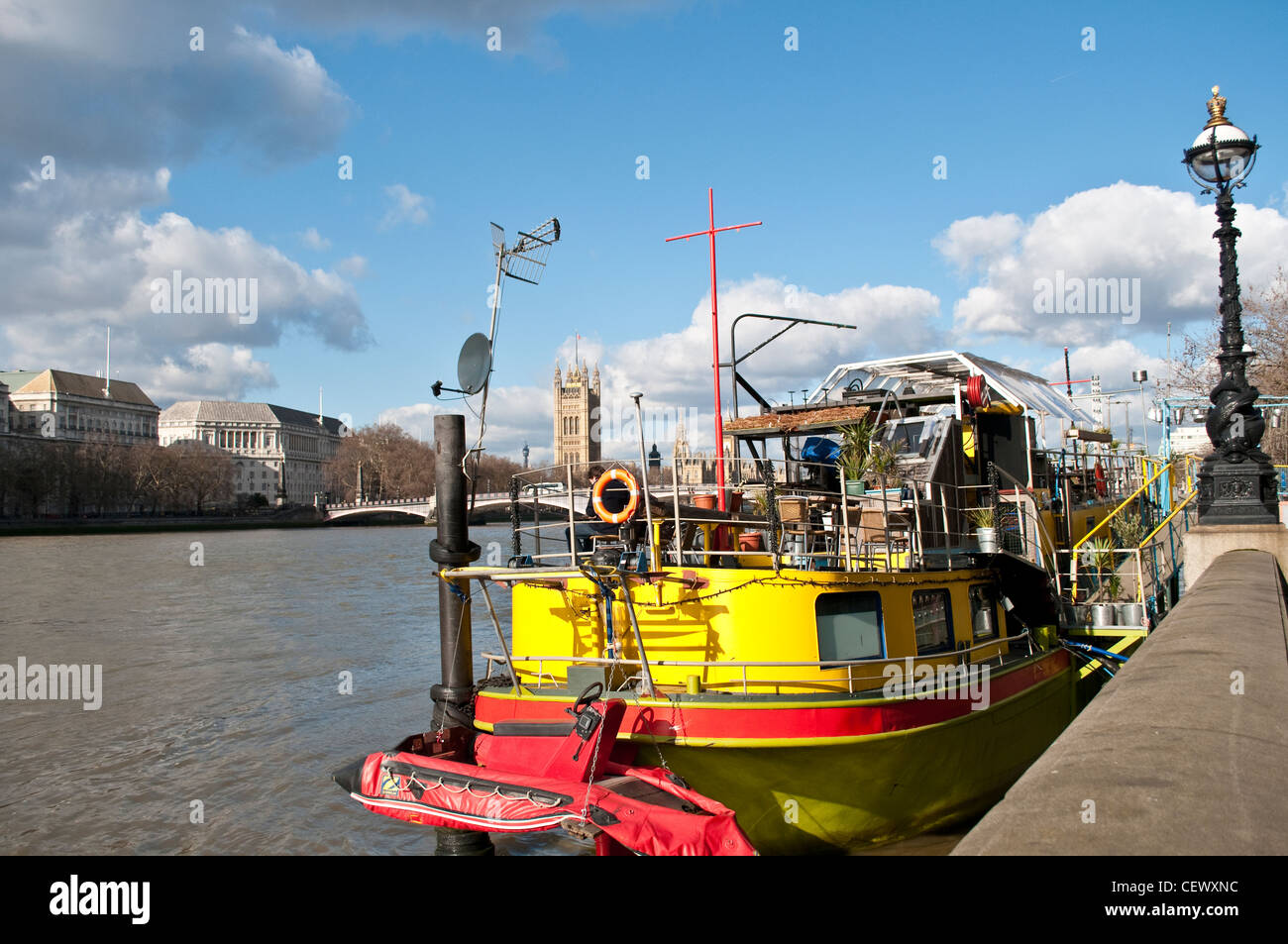 Boat restaurant on the Thames, Albert Embankment, Lambeth, London, UK Stock Photo