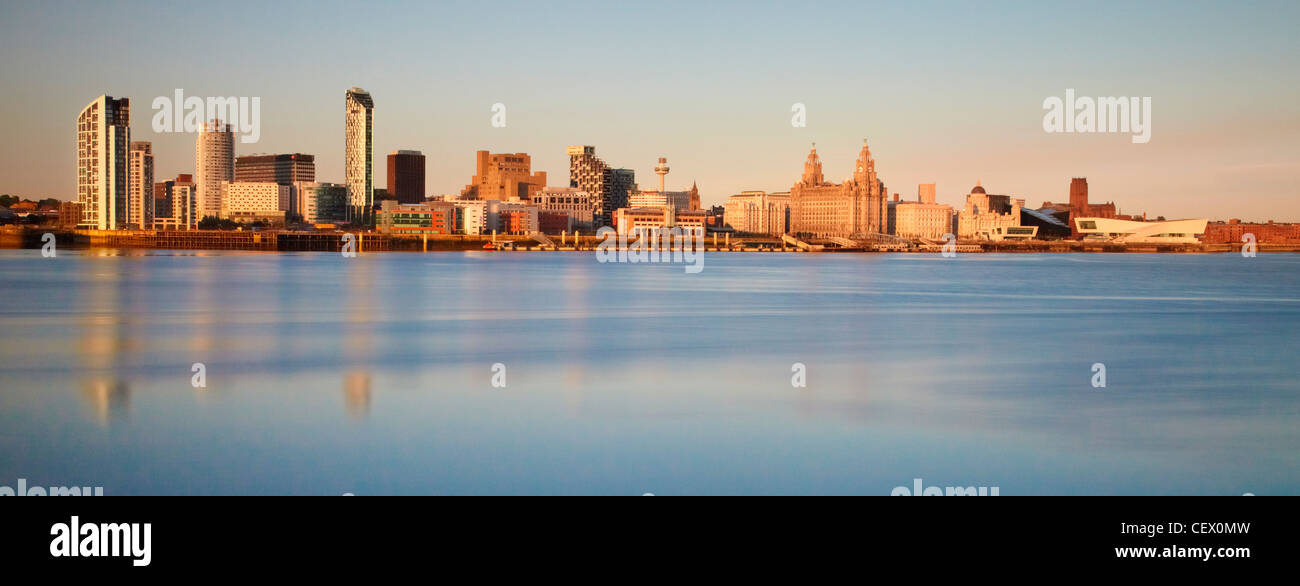 Panoramic view of Liverpool waterfront from Seacombe, Birkenhead at dusk Stock Photo