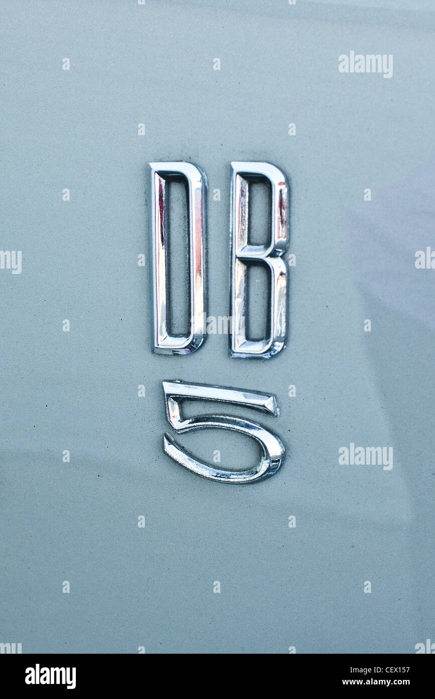 Insignia on Aston Martin DB5, James Bond classic car Stock Photo