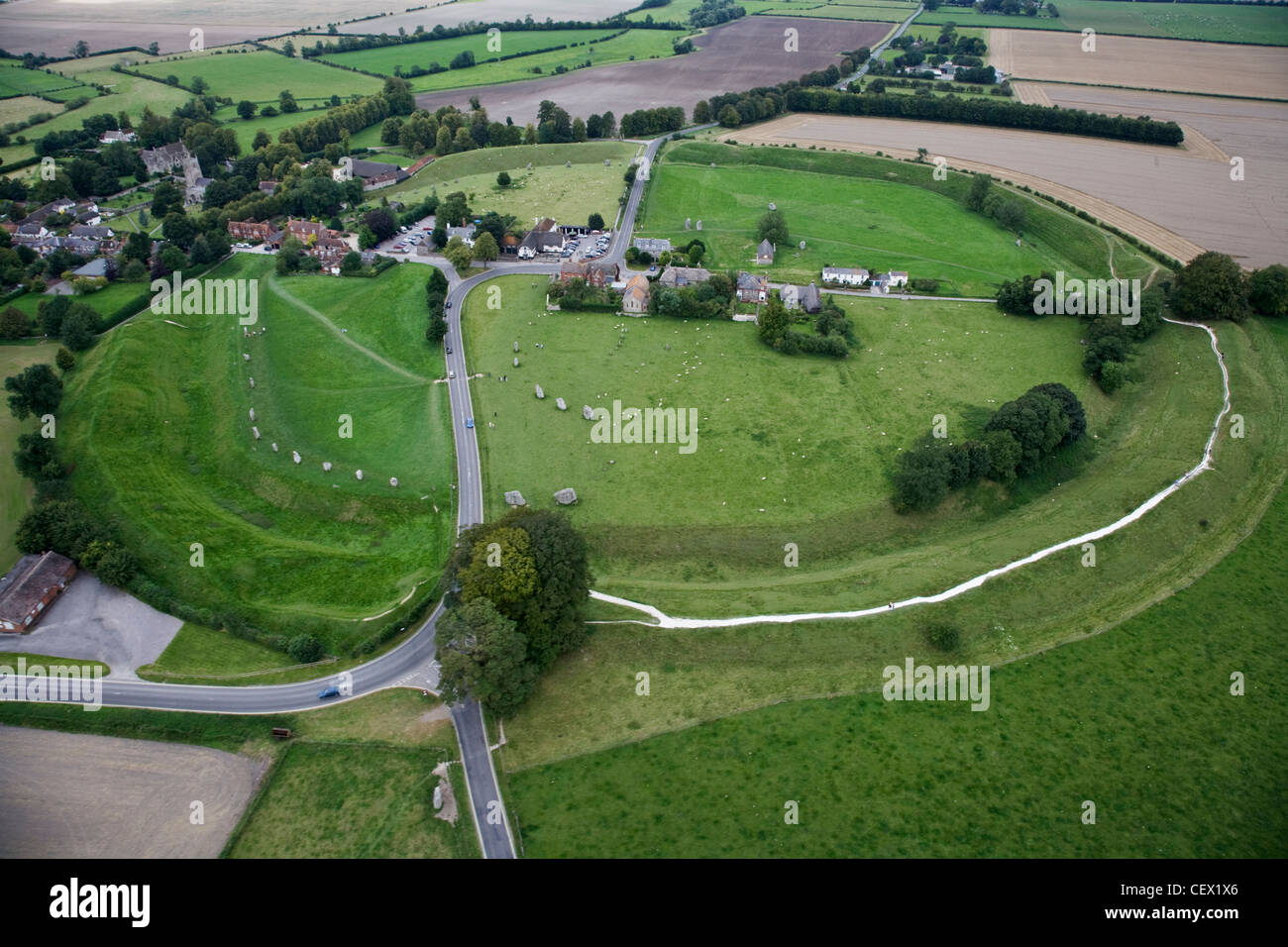Aerial view of the village of Avebury and Avebury stone circle, a world heritage site and one of Europe's largest prehistoric st Stock Photo