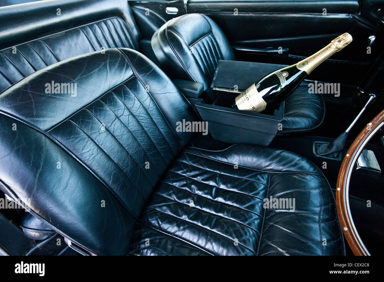 Drivers seat in Aston Martin DB5, James Bond classic car Stock Photo