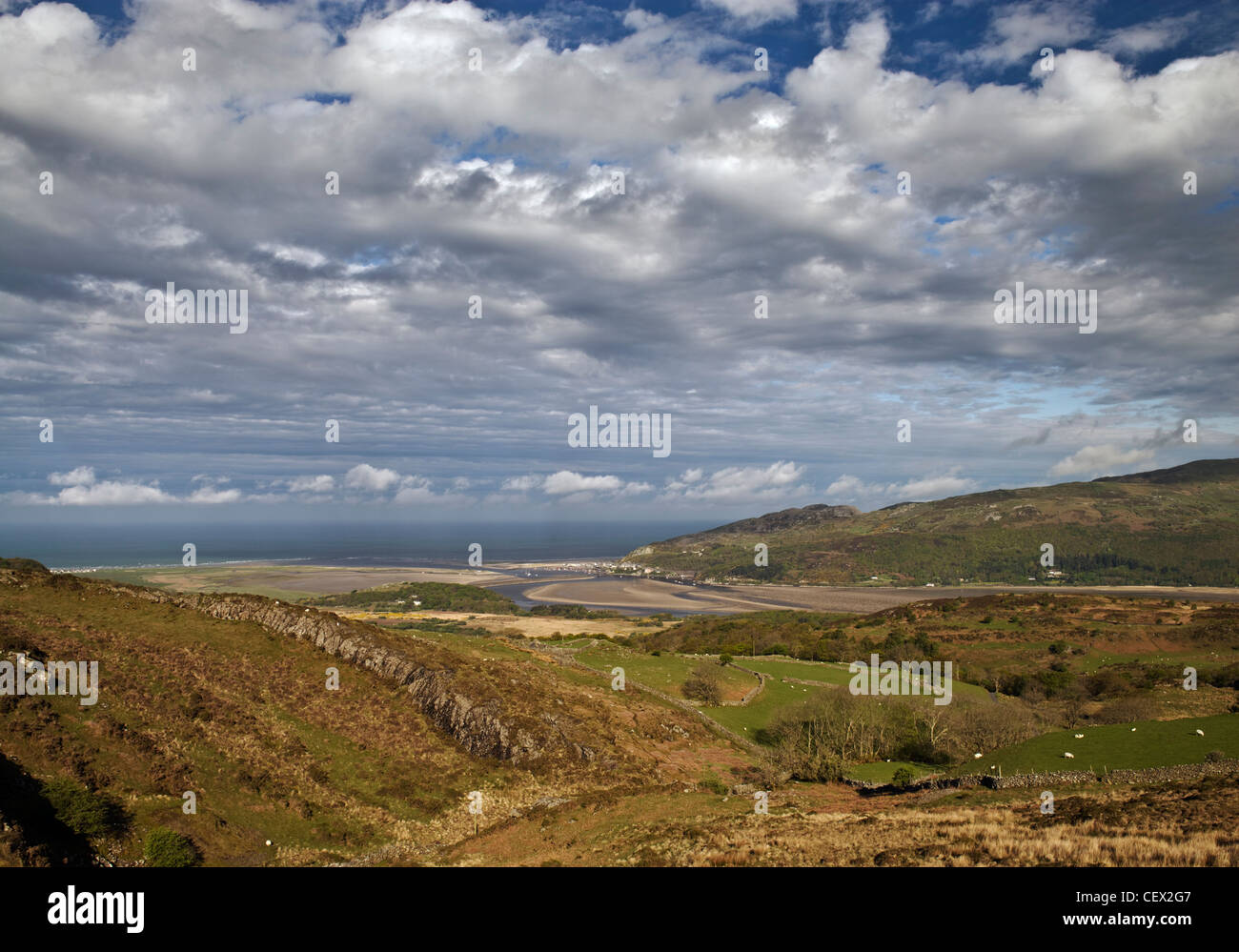 Distant view of the seaside resort of Barmouth at the mouth of the Mawddach Estuary. Stock Photo