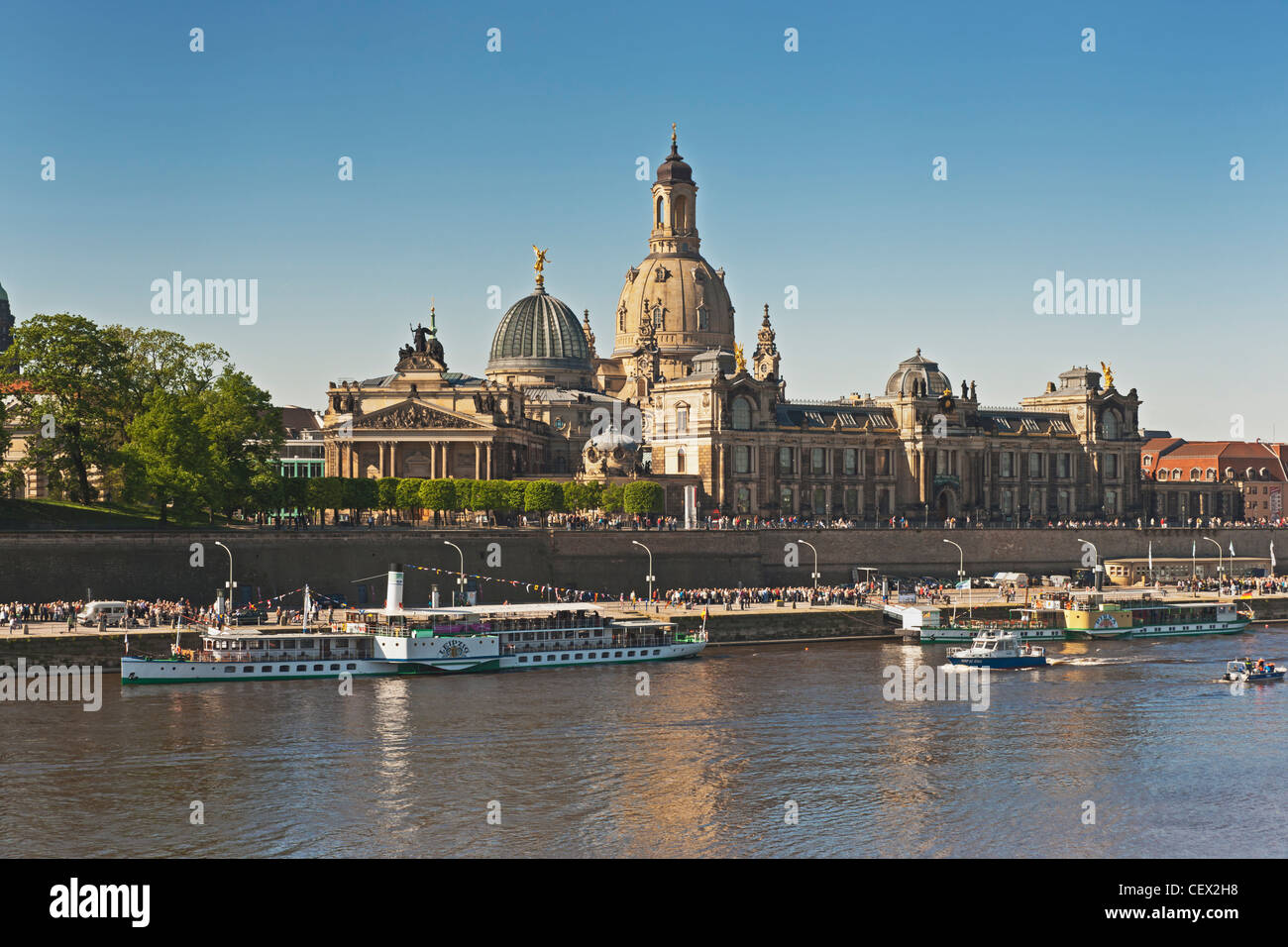 Fleet parade of historical paddle steamers, every year on 1 May, on the Elbe River in front of the old town of  Dresden, Germany Stock Photo