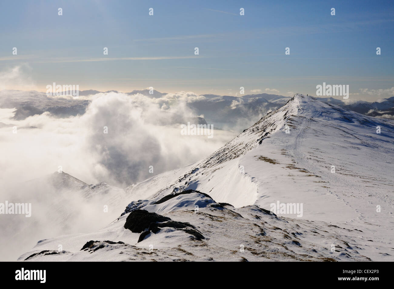 Blencathra summit ridge above a temperature inversion in winter in the English Lake District Stock Photo