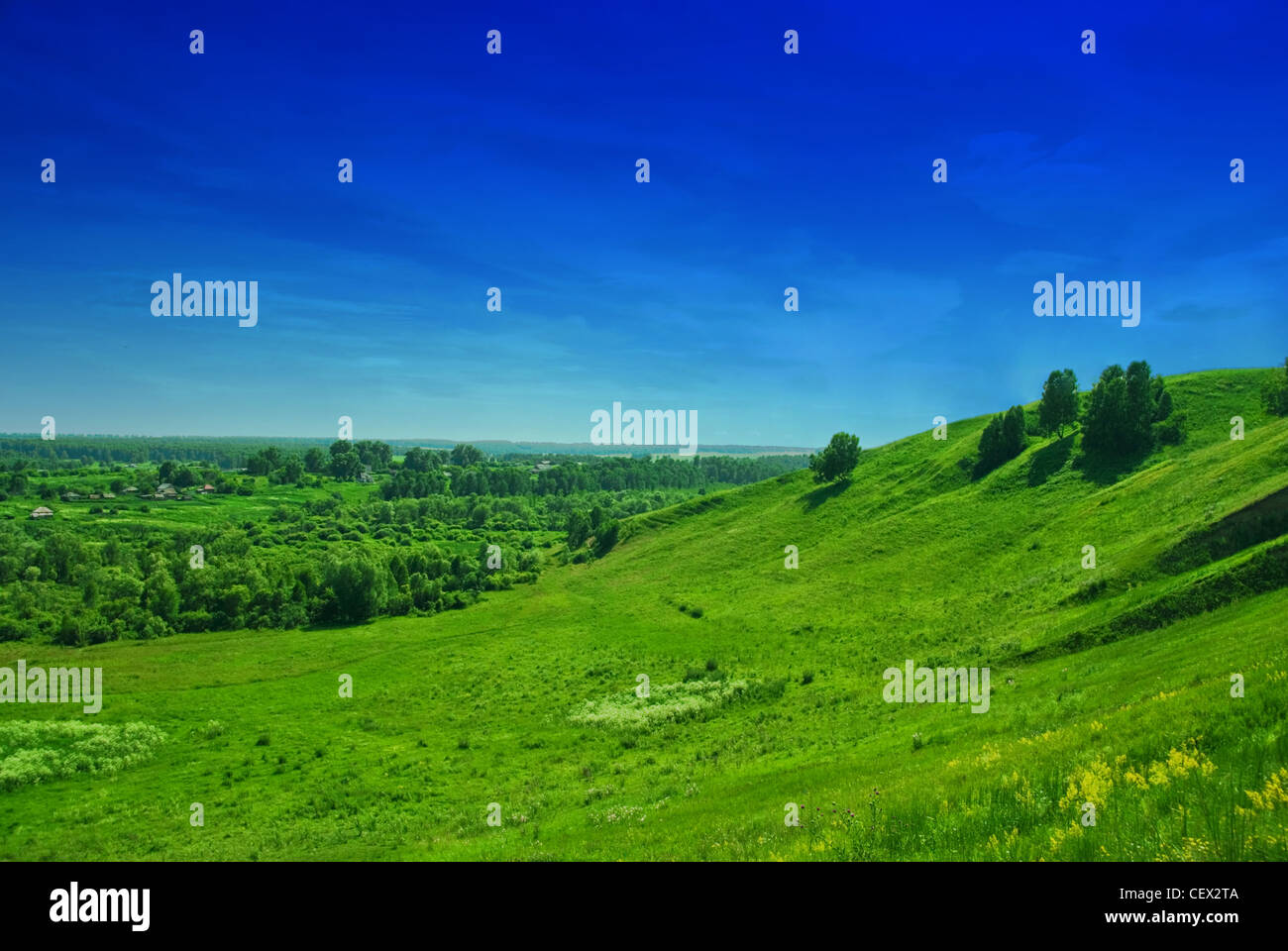 summer landscape of green valley and blue sky Stock Photo Alamy
