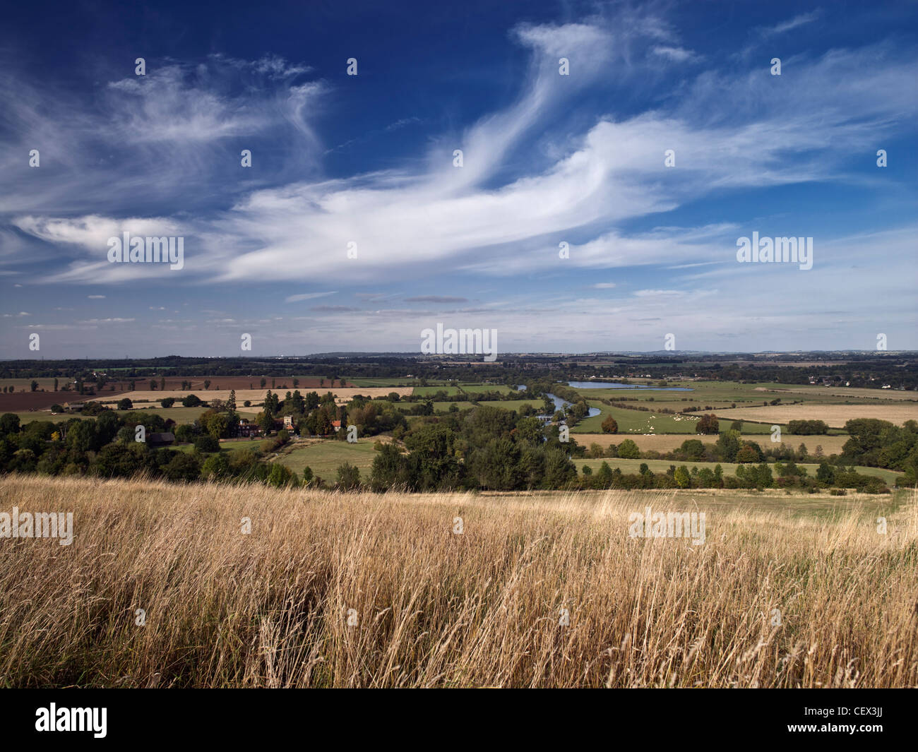 View from Whittenham Clumps looking west towards the River Thames. Stock Photo