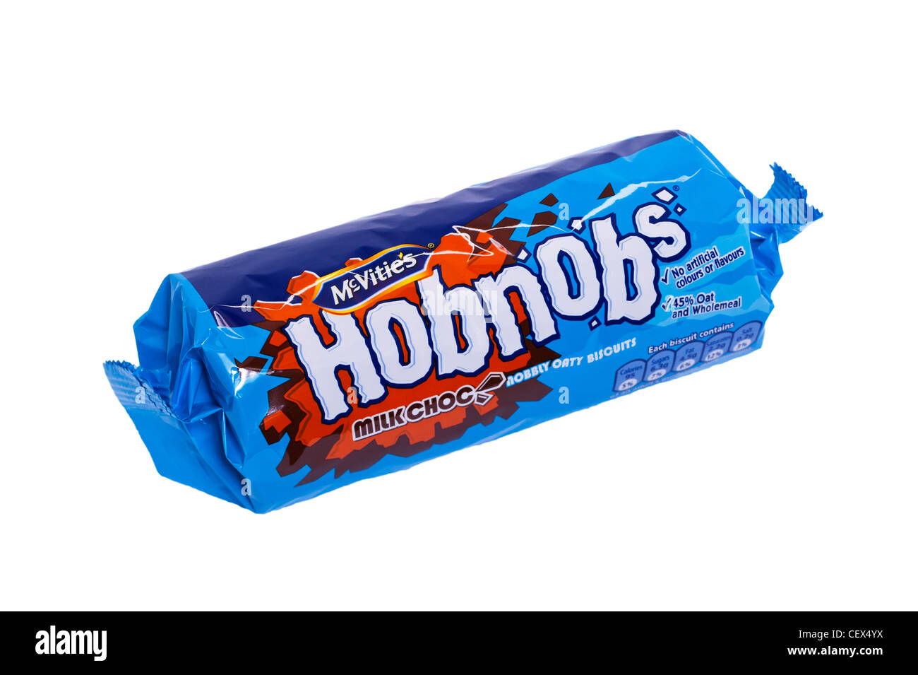 A packet of Mcvitie's milk chocolate Hobnobs biscuits on a white
