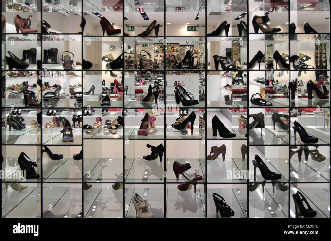 Detail of a shoe shop window in the Bull Ring shopping centre in