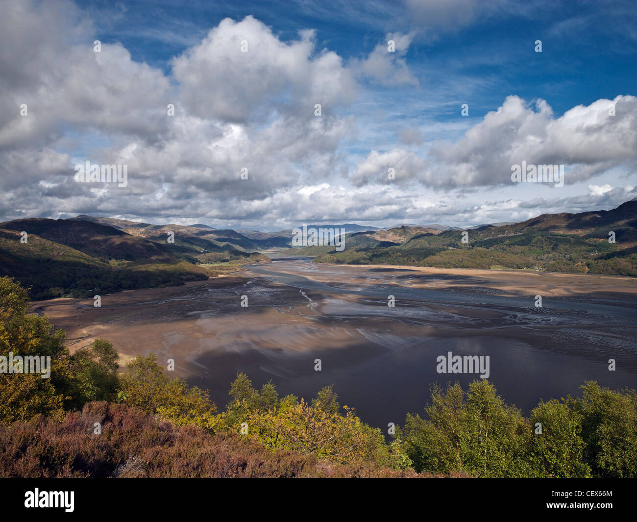 A spectacular view of the Mawddach Estuary from the Panorama Walk above Barmouth. Stock Photo