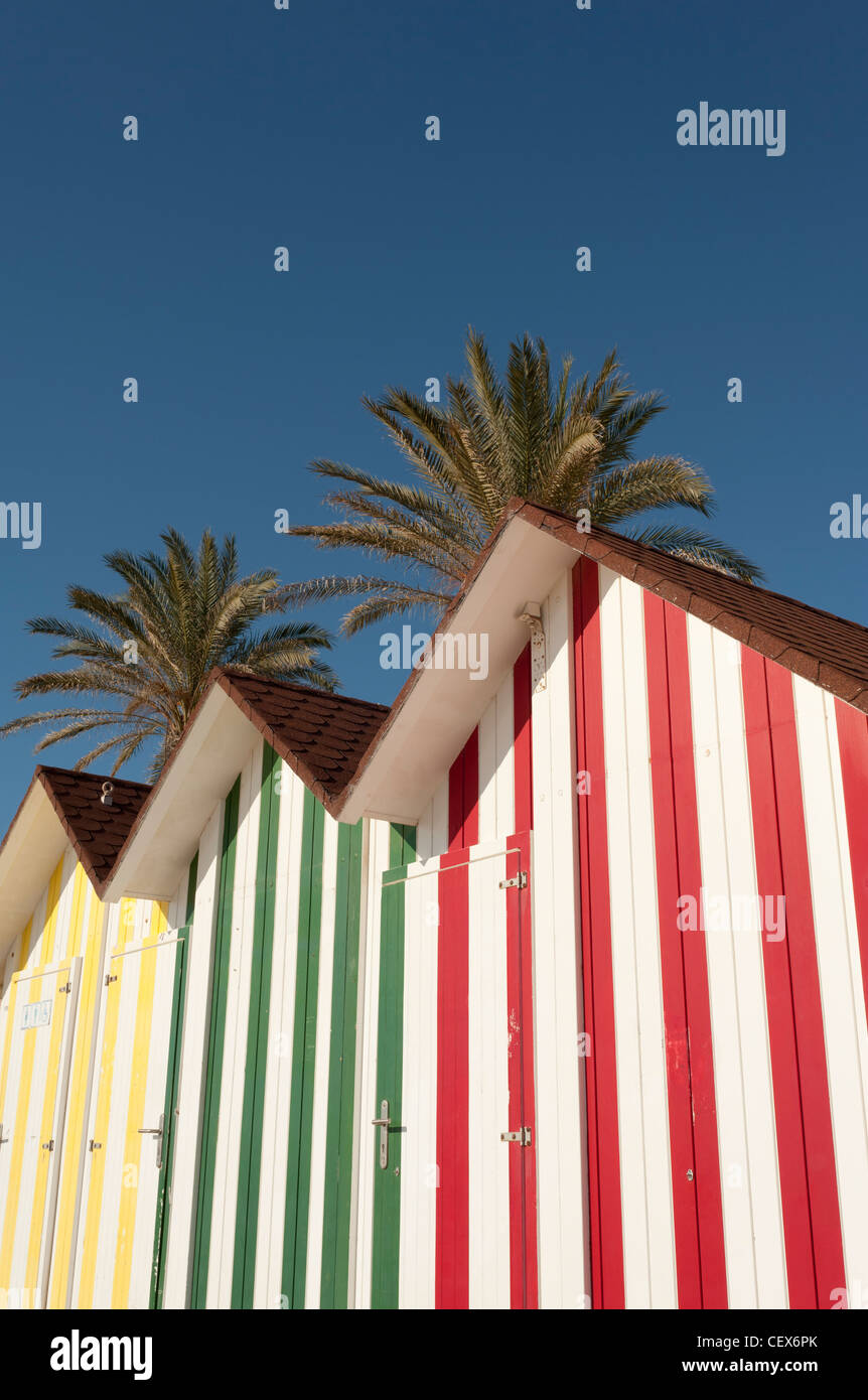 Colorful beach huts with palm trees in the background Stock Photo - Alamy