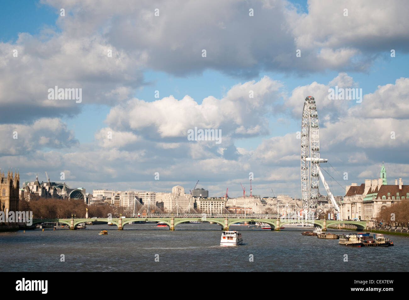 View of the Thames with Westminster Bridge and London eye, London, UK Stock Photo