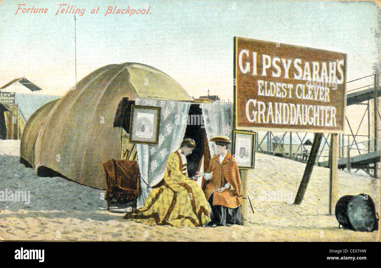 Postcard of fortune telling at Blackpool by Gipsy Sarah's granddaughter Stock Photo
