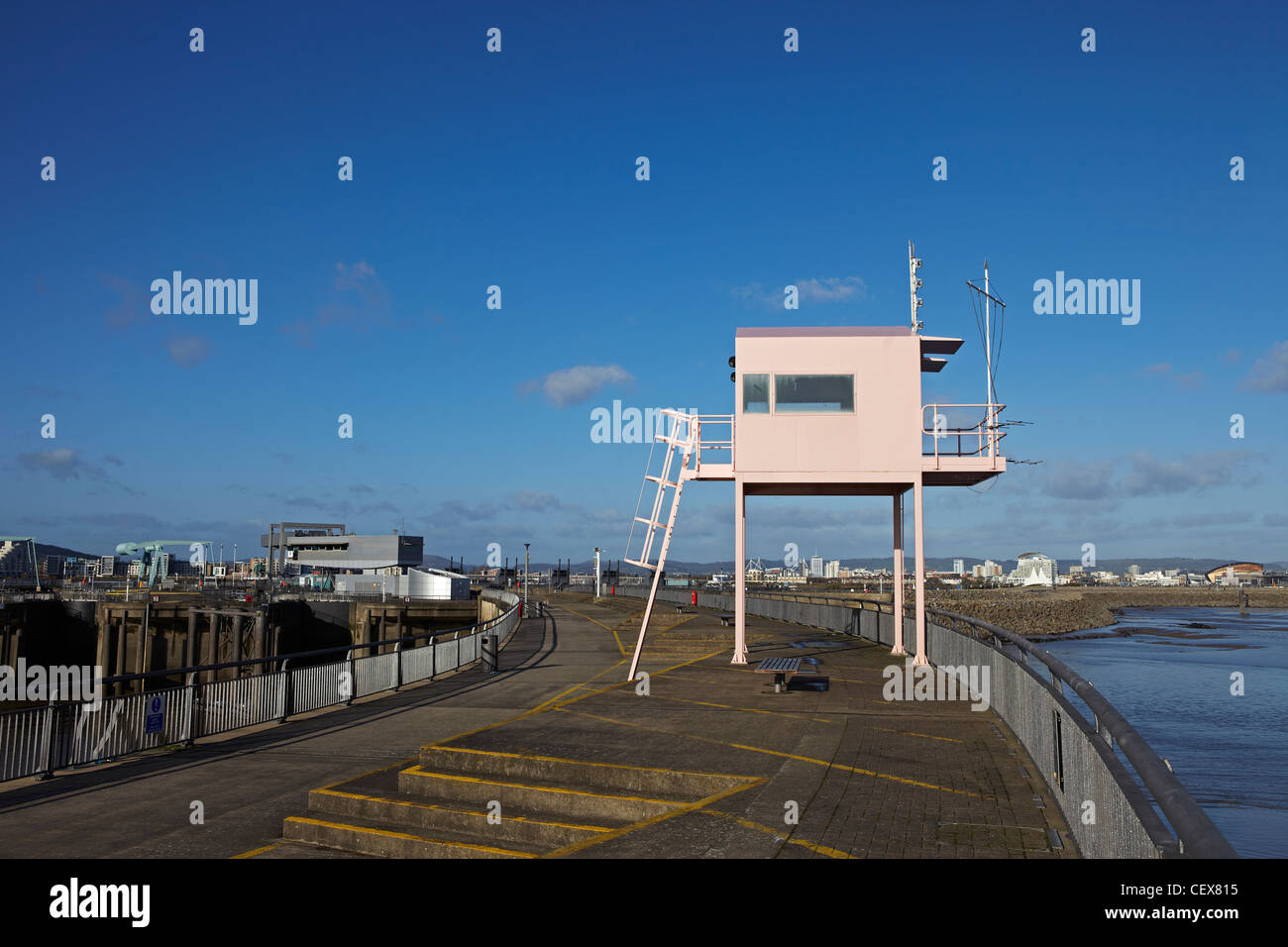 Pink Lookout Tower on Cardiff Bay Barrage, Cardiff, Wales, UK Stock Photo