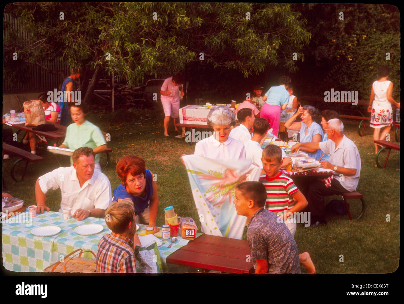 Family picnic during 1964 in Southern California. fashion backyard Americana Stock Photo