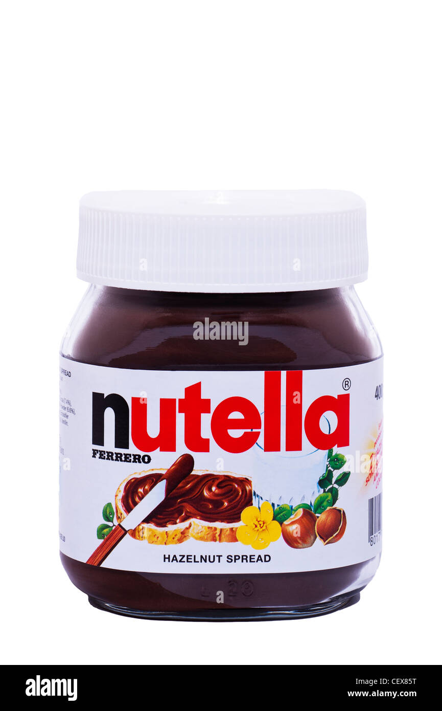 A jar of Ferrero nutella hazelnut chocolate spread on a white background Stock Photo