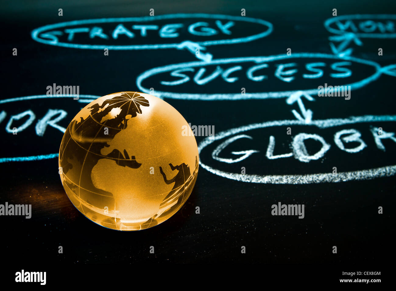 Flowchart on a chalk board with world globe showing Africa Stock Photo