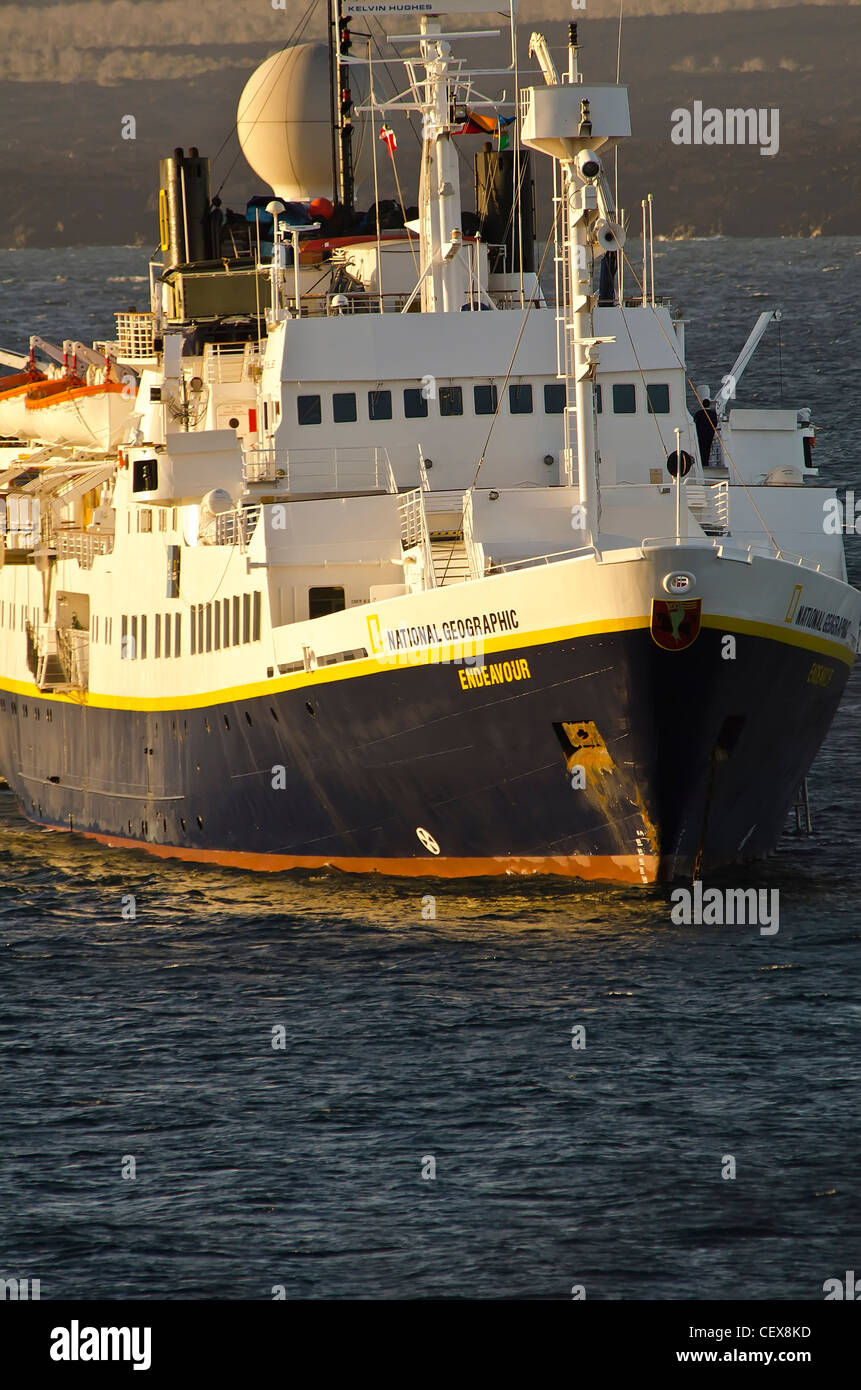 Above Lindblad Expeditions National Geographic Endeavour Galapagos Islands, Ecuador, passenger tour ship Stock Photo